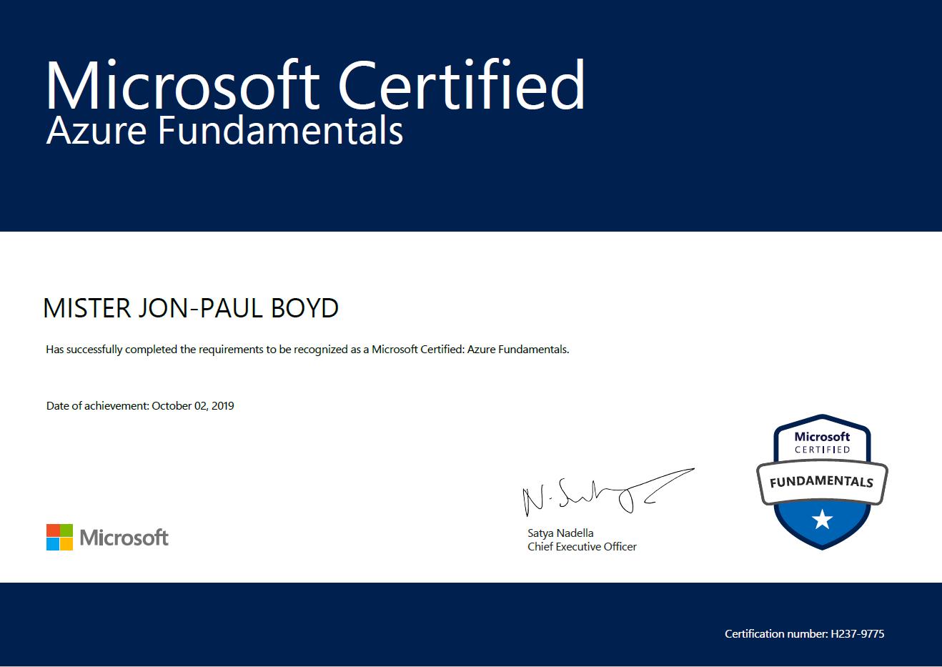 MS Azure Fundamentals Certification